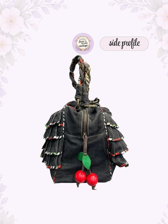 Y2K Betseyville Denim Ruffle Satchel • Betsey Johnson Cherry Charm Handbag - Picture 5 of 13